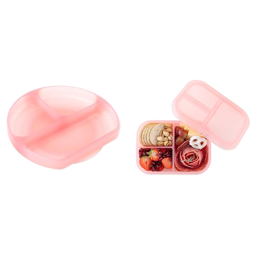 Bumkins Toddler and Kids Suction Plate with Sections, Silicone Divided Grip Dish and Bento Box Container with Leak Proof Lid for Lunch, Snacks, Microwave and Oven Safe, Children Feeding Supplies