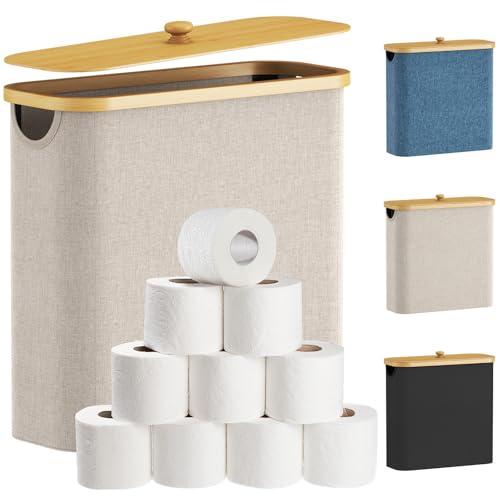 Lifewit Toilettenpapier Aufbewahrungskorb, Bambus Badezimmer Organizer, Klopapier Aufbewahrungsschrank für Enge Räume, Toilet Paper Behälter mit Deckel, 30L, Beige 1