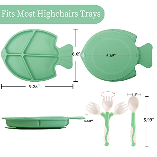 Baby Feeding Dish Sets With Spoon And Forks,Nicingu 3 Pcs/Sets Divided Silicone Suction Plates Utensils For Toddler Kids Bpa Free Microwave Dishwasher Safe-Plate Green Fish Sets #TOP5
