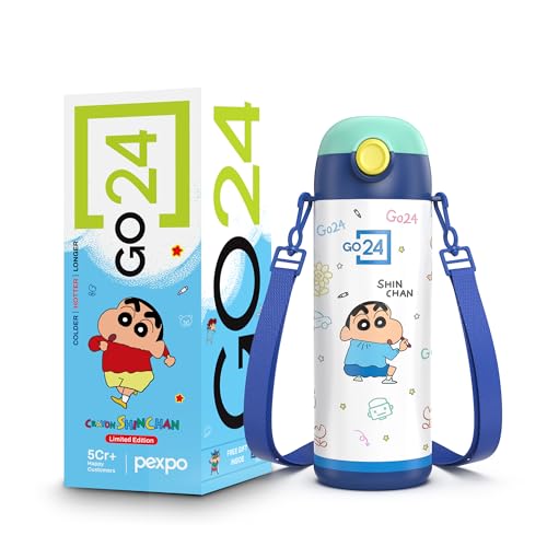 Image of Go24 pexpo Crayon Shinchan ISI Certified Stainless Steel Water Bottle for Kids - 300ml | Hot & Cold Vacuum Insulated Flask | Leak Proof | Carry Strap | School, Picnic - Denim Blue Little Artist