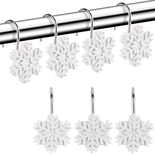 Snowflake Shower Curtain Hooks Rings,12pcs Christmas Snowflake Shower Curtain Hooks Winter Bathroom Decoration for Christmas,Bathroom, Bedroom and Living Room (White)