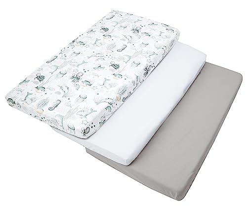 Medi Partners Set of 3 pcs. Fitted Sheet 60x120 cm 100% Cotton Baby Bed Linen Mattress Cot, Ocean-white-grey, Three pack