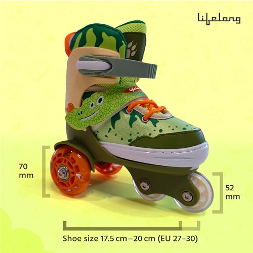 Image of Lifelong Inline Skates for Kids | Adjustable |4 Wheels Light-Up Skate for Boys & Girls | Roller Blades for Beginners | ABEC-7 Bearings | Safety Gear Set | Green, XS (27-30 cm)