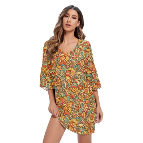 Robe trapèze mousseline col V imprimé plumes vêtement fluide femme chic