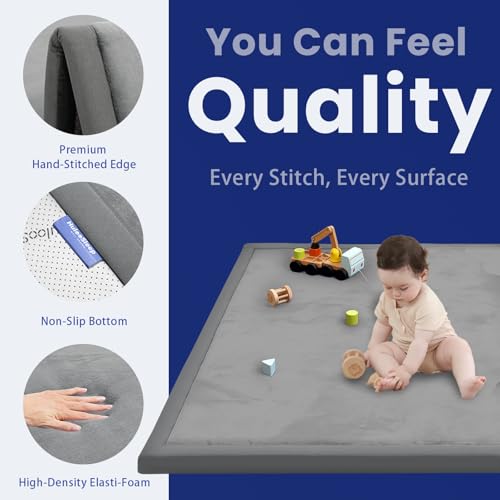 Image of Large 79 inchx118 inch Baby Activity Play Mat for Floor,2 inch Extra Thick Elasti Foam Mat for Tummy Time &Crawling,Non-Slip Nursery Rug for Infants,Toddlers & Kids,Tatami Style for Classroom&Playroom (Dark Grey)