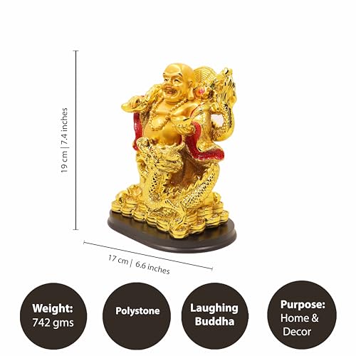 Image of Spillbox Resin Golden Happy man Statue|Laughing Buddha|Feng Shui|Show Piece|Gift Item |Vastu|Decorative Showpiece for Home Decor|Office Desk Table (Happy Man with Dragon)