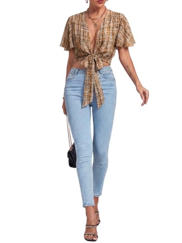 Image of LYANER Women's Tie Front Sexy Crop Tops | Wrap Deep V Neck Ruffle Bell Short Sleeve Y2k Cropped Blouse Shirts
