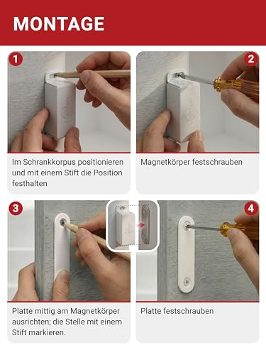 LouMaxx Magnetschnäpper stark - Haltekraft 4kg - 4er Set in Weiß – Türmagnet -Schrankmagnet – Möbelmagnete – Tuer Magnetverschluss Edelstahl– Magnethalter Schranktür
