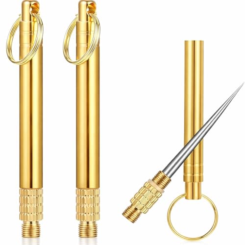 Image of Metal Toothpick Keychain | Reusable Food Pick with Stainless Steel Tip | Brass Gold Pocket Toothpick | Multipurpose Pick Tool | Pack of 1