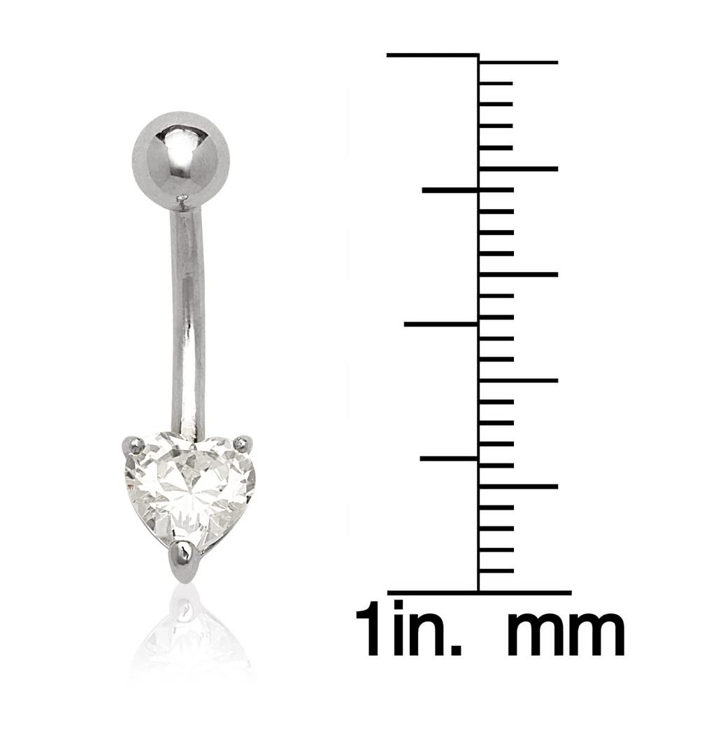 JewelryWeb Bauchnabelpiercing, massives 14 Karat Gold, Herzform, Zirkonia, gewölbt, 6 mm x 22 mm