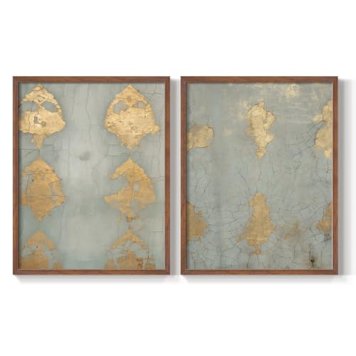 Renditions Gallery Set of 2 Peel & Stick Framed Prints, Abstract Wall Art, Metallic Gold Leaf Diptych Wall Decor, Re-Stickable - Ready to Hang - 16"x20" - Walnut Frame GAL044