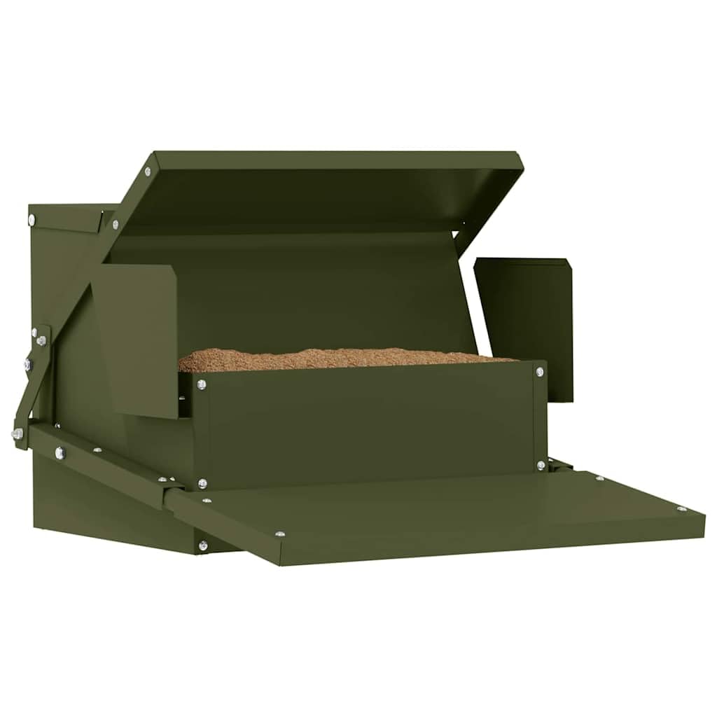 Alimentador de pedal para gallinas de acero verde oliva 50 x 40 x 29 cm, dispensador de alimentación gallina exterior, alimentador de aves de corral práctico con mecanismo automático