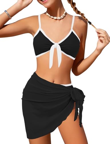 Image of Girls Swimsuit Bikini Set and Cover Up Skirt 3PCS Bathing Suit Removable Knot Dual-Use Girls Swimsuits Size 7-16