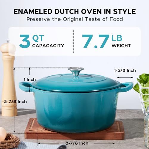 Onader Small Dutch Oven Pot with Lid, 3 Quart Round Enameled Dutch Oven for Bread Baking, Heavy Duty Cast Iron Cookware - Dark Cyan