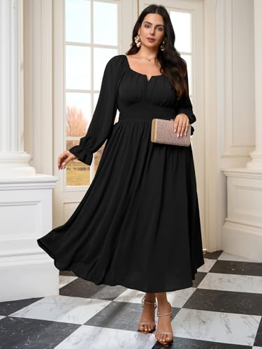 Plus Size Maxi Dresses for Curvy Women Wedding Guest Long Sleeve Square Neck Smocked Empire Waist Slit Long Dress2