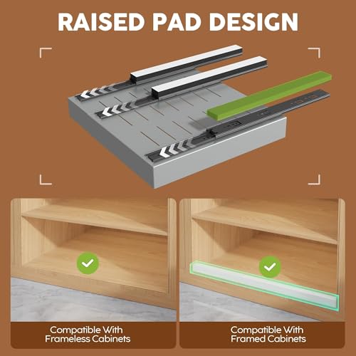2Pack Expandable Pull Out Cabinet Organizer 21"Deep With Raising Pad for Framed Cabinets, Upgrade 3 Slide Rails Slide Out Drawers,Roll Out Shelves Adhesive,Adjustable Width 12.05"-20.4"Silver