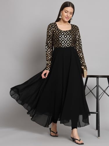 Image of PH POSHAKHUB Georgette Foil Print Anarkali Kurta has Round Neck and Full Sleeve