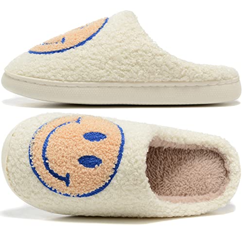Image of Retro Fuzzy Face Slippers for Women Men, Retro Soft Fluffy Warm Home Non-Slip Couple Style Casual Smile Face Slippers Indoor Outdoor Anti-Skid Warm Cozy Foam Slide Fuzzy Slides with Soft Memory Foam Shoes