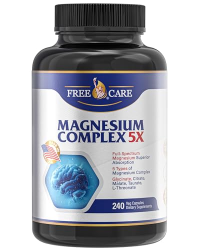 5-in-1 Magnesium Complex 820mg High Absorption with Glycinate,Citrate, Malate,Taurate & L-Threonate for Sleep, Mood, Muscle Relaxation & Nerve Function – Vegan, Non-GMO, Made in USA – 240 Capsules