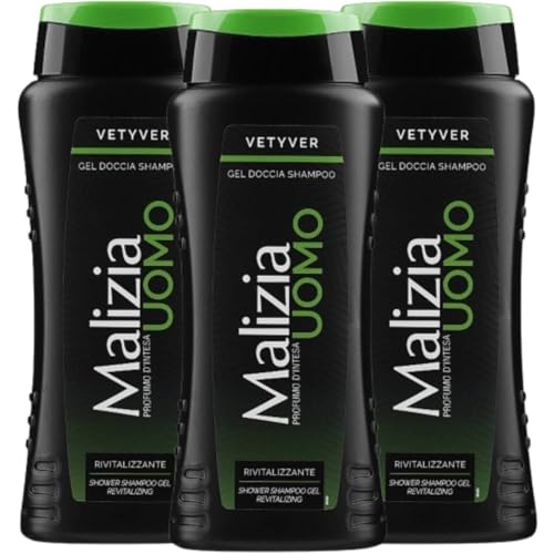 Malizia Herren Parfüm dIntesa Vetyver Duschgel Shampoo 2 in 1 mit Aloe Vera 250 ml vitalisierend belebend reinigt Körper und Haare für den täglichen Gebrauch (3 Einheiten)