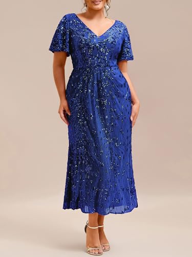 Image of Ever-Pretty Plus Women's Sequin V Neck Plus Size Prom Dress Mermaid Formal Cocktail Evening Dresses for Curvy Women