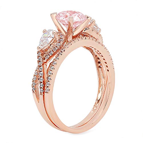 1.94Ct Round Pear Cut Solitaire 3 Stone With Accent Vvs1 Ideal Pink Simulated Diamond Cz Engagement Promise Designer Anniversary Wedding Bridal Ring Band Set 14K Rose Gold Size 8 #TOP1