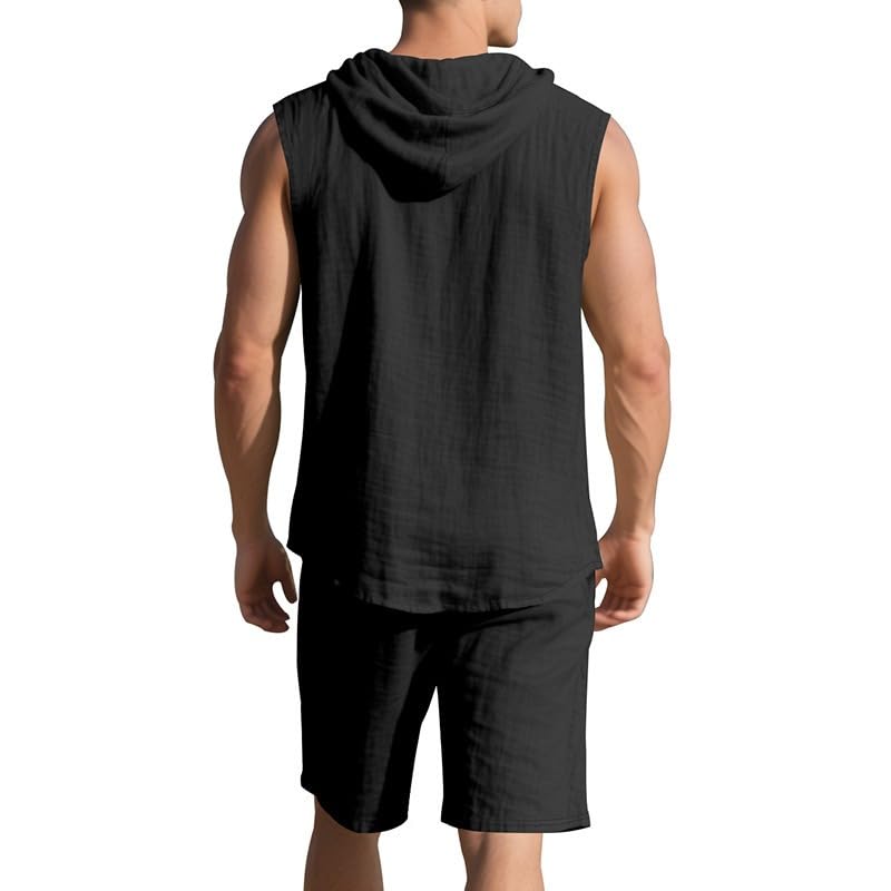 crazynekos Men Linen Feeling Sets Outfits Sleeveless Hoodies 2 Piece Short Set Beach Tank T Shirts Solid Sets2