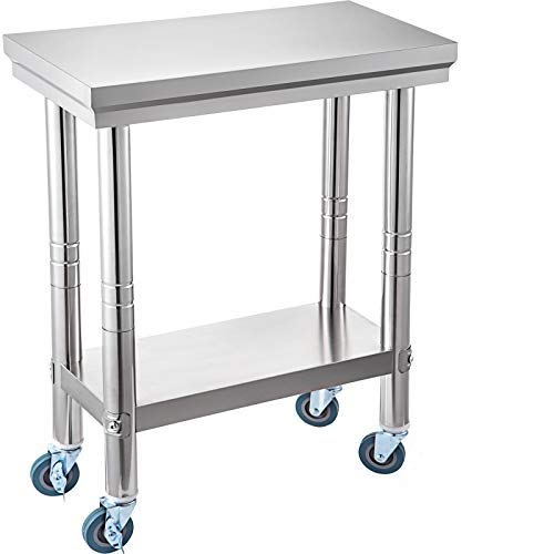 VEVOR Mesa de Trabajo de Cocina Acero Inoxidable 300x600x800mm Preparación Comida, Mesa de Trabajo Comercial con 4 Ruedas con Estante de Ajuste Flexible para Mesa de Preparación de Cocina