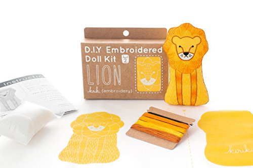 Image of Kiriki Press DIY Embroidery Doll Kit - Skill Level 2 - Beginner to Advanced Embroidery Kits for Adults Teens (3 Skill Levels) Animal Embroidery Kit - Screen Printed Pattern (Lion - Level 2)