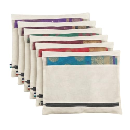 Image of Lukzer Single Cotton Saree Bags /Covers for Storage Set of 6 (16 x 14 Inches) Big Size with Zip Closure & Transparent Mesh Window Wardrobe Organizer for Sarees /Clothes /Lehenga /Dress Storage SSC-01-06