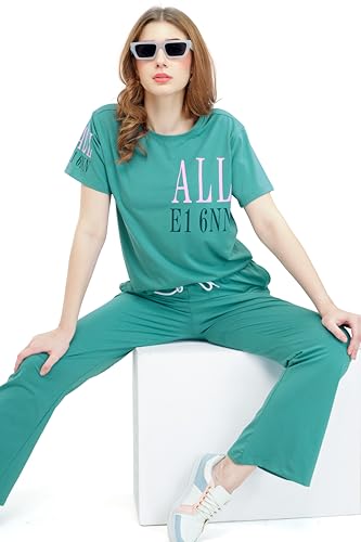 Image of ZEYO Women's Cotton Typography Wide Bottom Night Suit Set of Top & Pajama Set