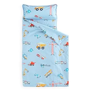 Wake In Cloud – Nap Mat with Removable Pillow for Kids Toddler Boys Girls Daycare Preschool Kindergarten Sleeping Bag, Cars Cranes Excavators Trucks Printed on Blue, 100% Cotton with Microfiber Fill