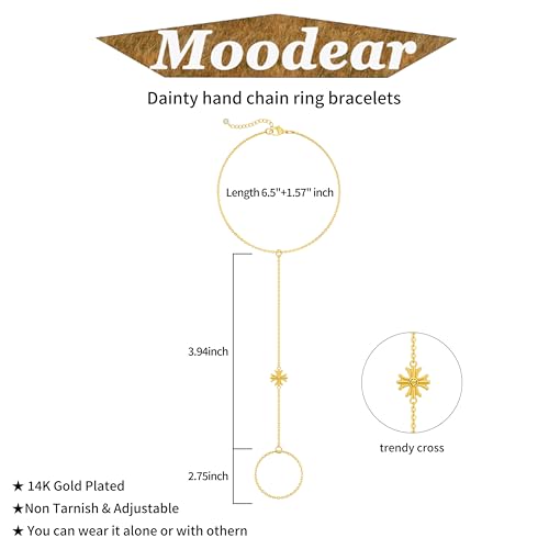 Image of Moodear Trendy Hand Chain Link Bracelet for Women - Dainty 14K Gold Plated Cross Ring Bracelet Chain Charm Bracelets Jewelry Gift