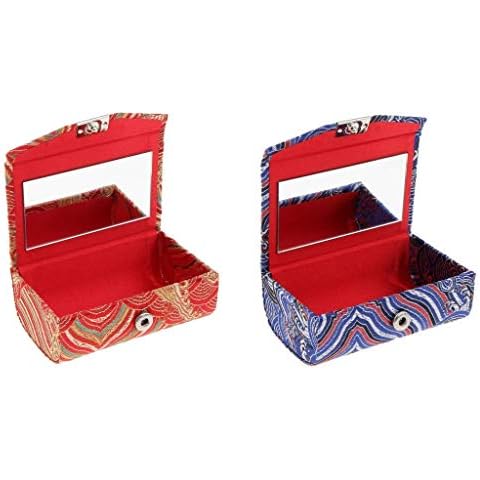 2 Pack Double Lipstick Case in Fabric Brocade Hard case with Mirror Chinese Handmade Vintage Luxurious Embroidered, Blue Red Cover