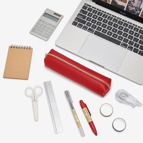 Image of Faux Leather Color Pencil Case Multifuncional and Simple with Zipper for School (Bright Red)