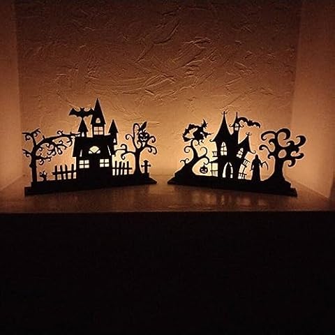 souleather 6pcs Black Wooden Horror of The Haunted House Display - Halloween Desktop Decorations - Spooky Houses - Black Wooden Halloween Houses Cover
