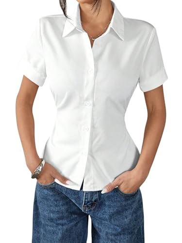 Image of Aahwan White Solid Button-Down Striped Print Casual Short Sleeve Shirt for Women's & Girl's