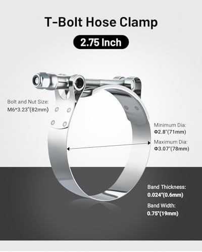 Image of EVIL ENERGY 2.75 Inch T-Bolt Hose Clamps, Stainless Steel 304 Turbo Intake Clamps, 71-78mm Adjustable Range for 2-3 /4 inch Hose ID, Intercooler Radiator Pipe Clamps for Silicone Coolant Hoses, 4PCS