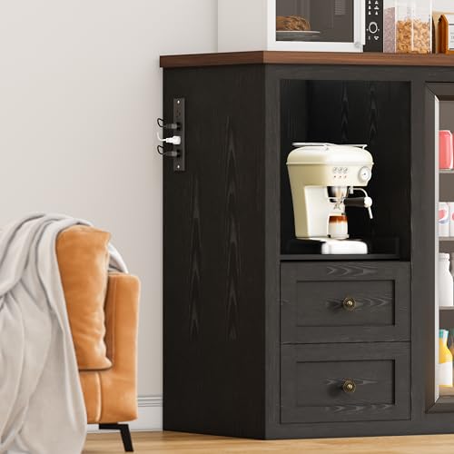 Image of 47.2 inch Coffee Bar Cabinet with Mini Fridge Space, Farmhouse Wine Bar Cabinet with Storage Drawers, Fridge Cabinet with Power Outlet, Sliding Shelf for Kitchen Dining Room, Black
