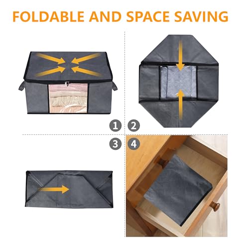 3 Pack Storage Bags, 45L Foldable Clothes Storage Bins with Lids, Closet Organizers Blanket Storage Bags with Zippers Clear Window Sturdy Handles for Clothing Bedding Comforter Sweater Pillows (Gray) - image 8