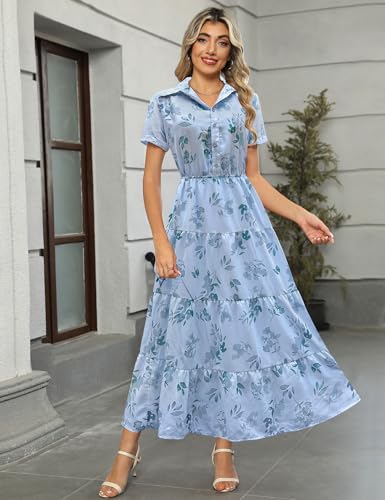 Image of Kranda Women 2026 Summer Collared V Neck Short Sleeve Button Down Chiffon Long Tiered Floral Maxi Dress with Pockets