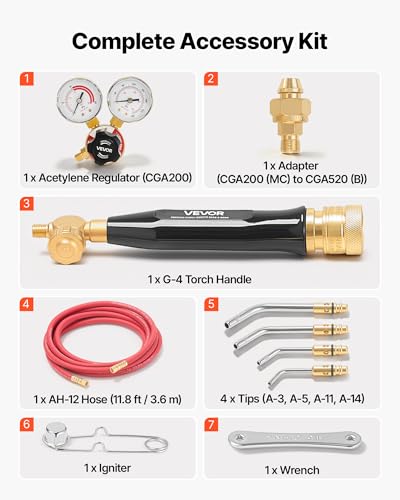 Image of VEVOR Air Acetylene Torch Kit, Acetylene Gas Welding Tool with 11.8FT Rubber Hose, 4 Welding Tips & CGA200 Regulator, Swirl Frame Gas Brazing Torch Kit for Home DIY and Industrial Metalworking