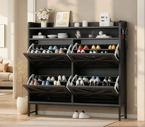DWVO Dark Rustic Oak Farmhouse Storage Shoe Cabinet with 4-Tier Flip Shoe Storage Cabinet for 24 Pairs, Shoe Organizer with Metal Legs for Entryway, Living Room, Hallway
