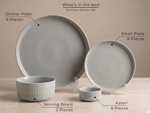 Image of Bodhi House 20-Piece Ribbed Porcelain Dinnerware Set | Quarter Plates, Katori & Serving Bowls, Chip Resistant, Lightweight Microwave & Dishwasher Safe Crockery Set, Pearl Grey