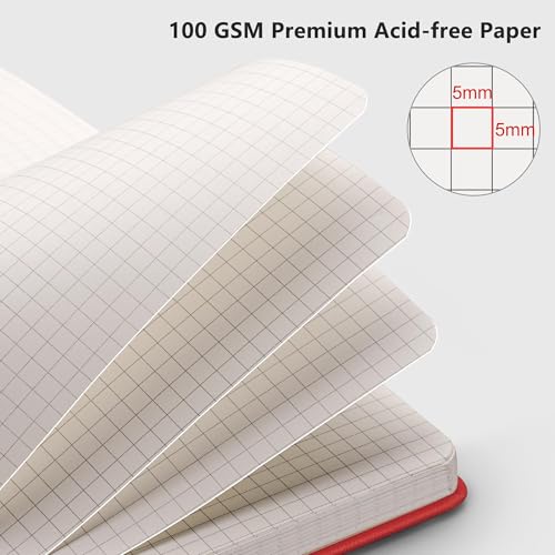 Image of RETTACY Graph Grid Paper Notebook, 192 Pages, A5 Size (5.7'' x 8.3'') | 5 Squares per Inch, Leather Hardcover, 100 GSM Thick Paper, for School, Students, Math, Engineering (Red)