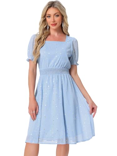 Image of Allegra K Party Midi Dress for Women Ruffle Short Sleeve Elastic Waist A-Line Metallic Star Dresses