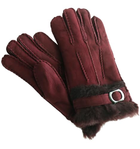 [三京商会] 手袋 レディース ムートン ダブルフェイス ベルトデザイン 防寒 (ワイン, フルーサイズ)