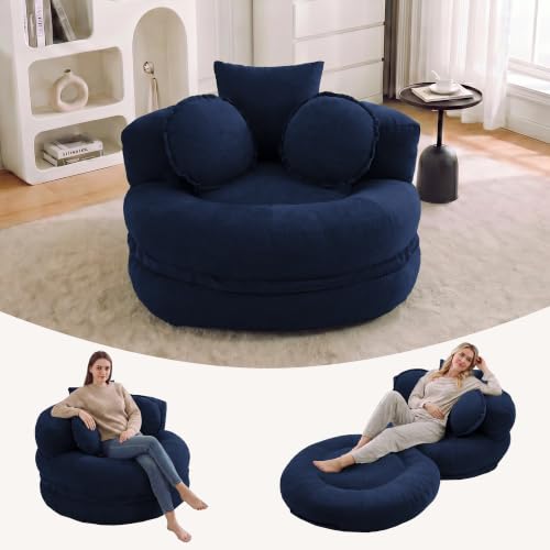 Image of Boneless Convertible Round Floor Sofa Chair with Expandable Seat, Navy