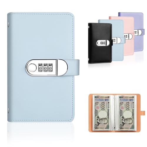 aninako お札 貯金箱 札 紙幣100枚収納 コンビネーションロッ 厚手の革 隠し金庫 お金仕分け 封筒貯金 貯金ファイル 本型 紙幣 記念紙幣 (青)