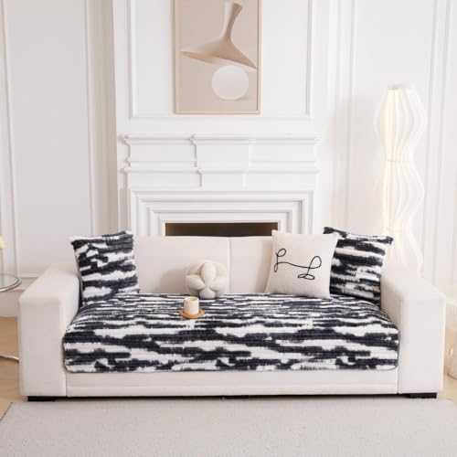 Image of HOMETHREADS 600GSM Thick & Soft Rabbit Fur Plush Sofa Cover-Luxurious Cozy Slipcover, Washable & Pet-Friendly, Anti-Scratch Protector for Sofas (Faux Linning White Black, 3 Seater | 180x70cm)